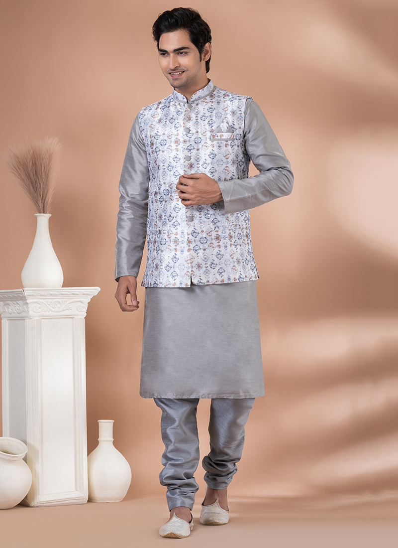 Buy Silk Grey Wedding Wear Embroidery Work Readymade Modi Jacket Kurta Pajama Online From Wholesale Salwar